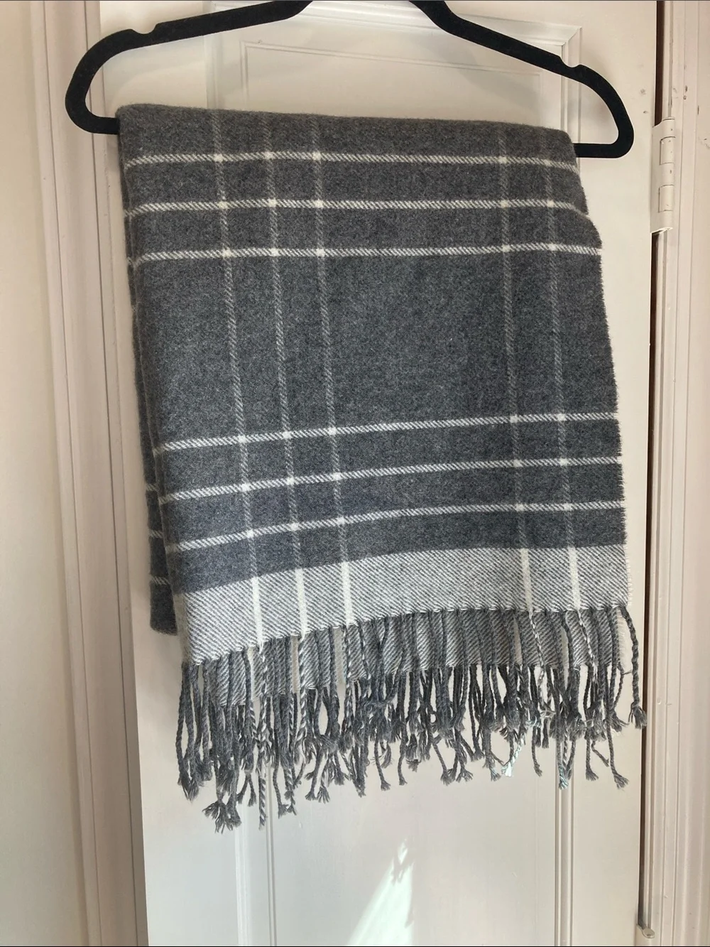 Cozy Wool Blend Gray Plaid Fringe Scarf Wrap - Women's Winter Accessory